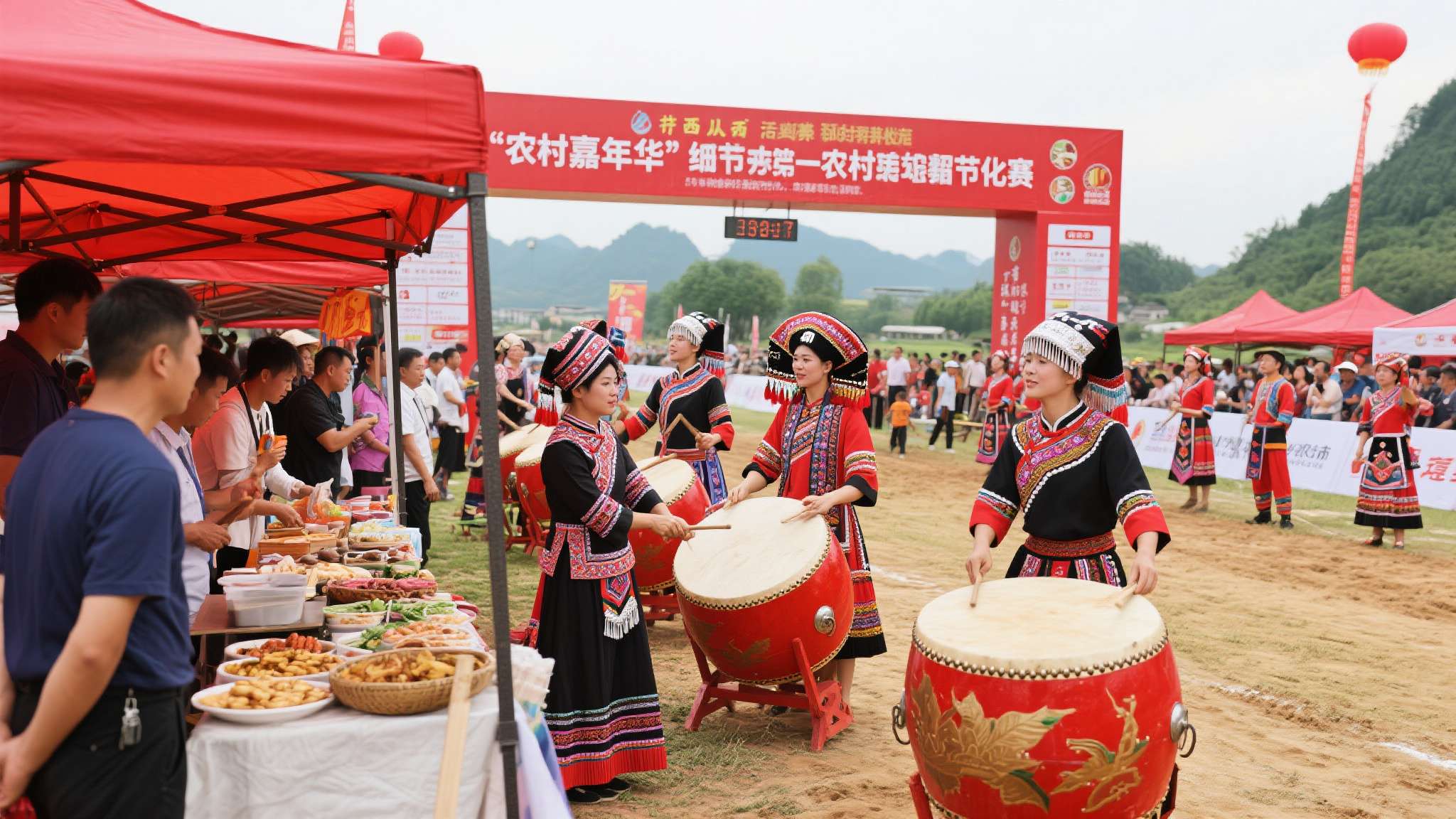 更值得一提的是，不少地方还专门设置了民族服饰表演、地方小吃摊位以及壮族鼓乐表演，